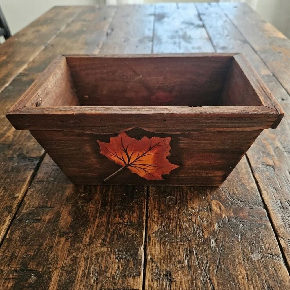 Vintage Wooden Planter or Storage Box with Painted Autumn Maple Leaf, Fall Decor